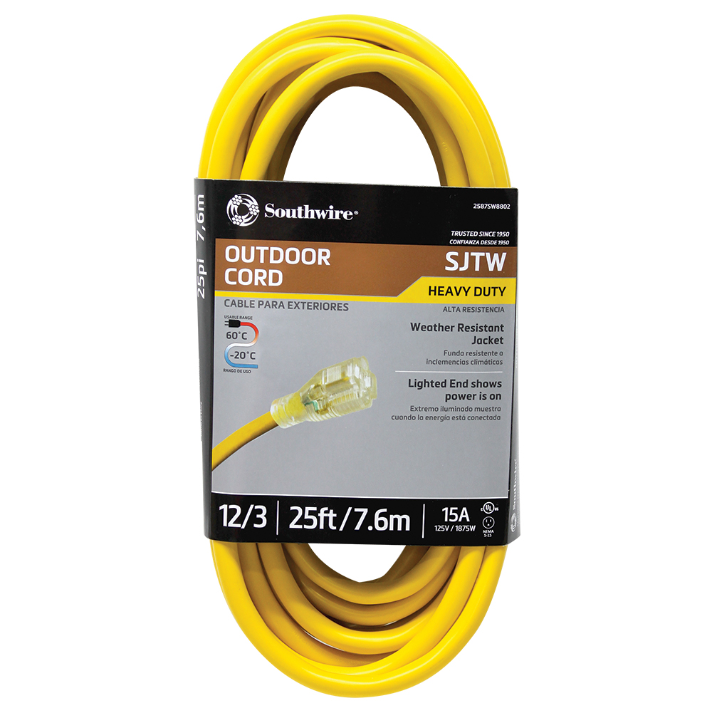 25' 12/3 Yellow Jacket Extension Cord Lighted End SJTW Heavy Duty 2883 NIP